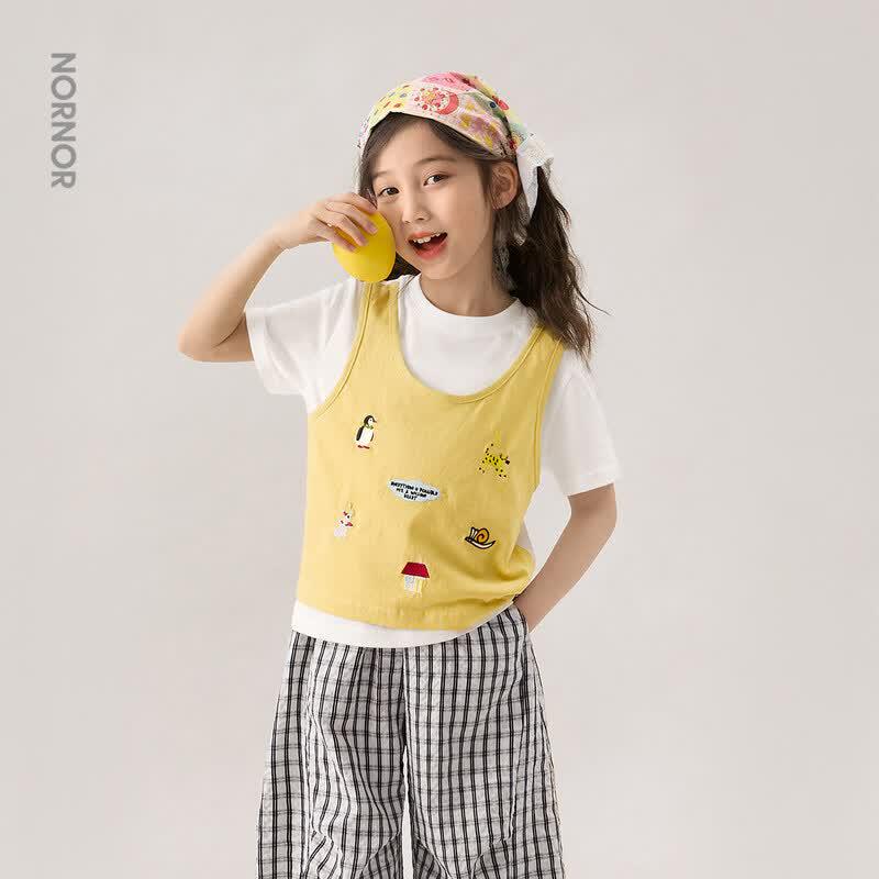 LUSON Girls  Faux Two-Piece Short Sleeve T-Shirt 130