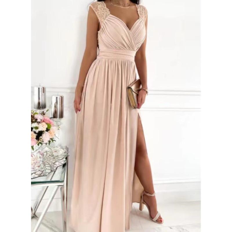 Women's Lace Trim Sweetheart Neck Sleeveless High Slit Maxi Dress Elegant Evening Party Gown