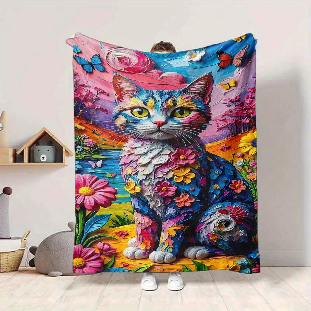 

1pc Floral Cat Lightweight Flannel Blanket, Comfortable and Warm Blanket, for Office and Camping Sofa Bed, Livingroom059 130cmx150cm