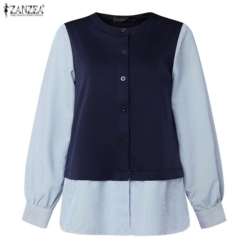 ZANZEA Dámská ležérní halenka s kulatým výstřihem, dlouhým rukávem a volného střihu