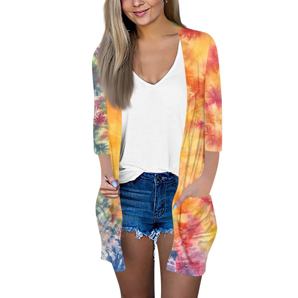 Damenmode Locker Lässig Tasche Bedruckt Strickjacke Siebenärmel Jacke Oberteil