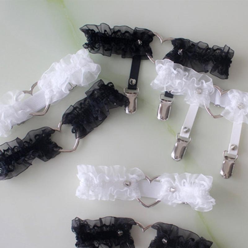Damen Strumpfband mit Rüschen, Spitze, Metallherz, für Hochzeiten, Beingeschirr, Gothic, Punk, Kawaii, dehnbar, Oberschenkelring, Clubwear
