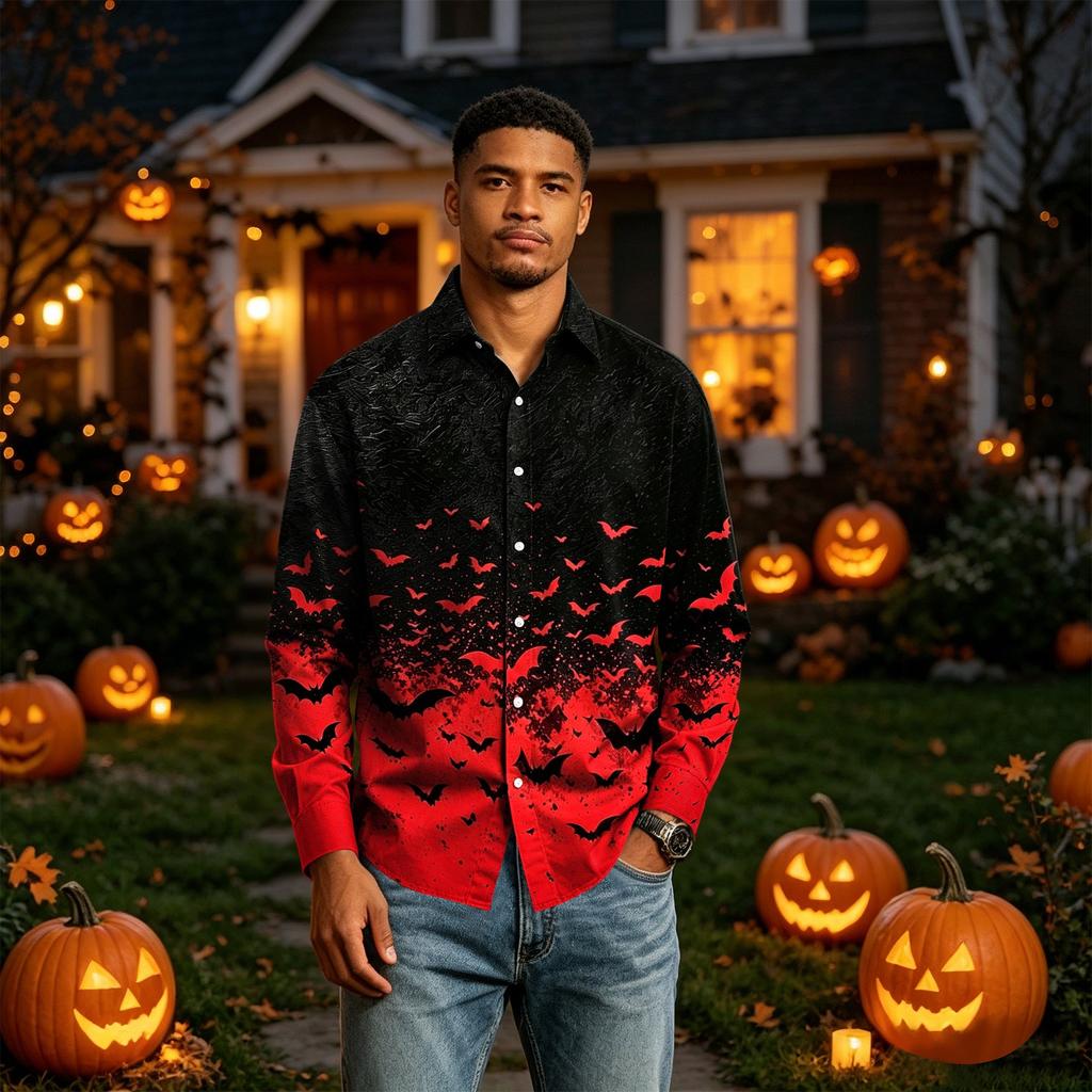 Men's Long Sleeve Button Down Halloween Print Shirt for Party Costume
