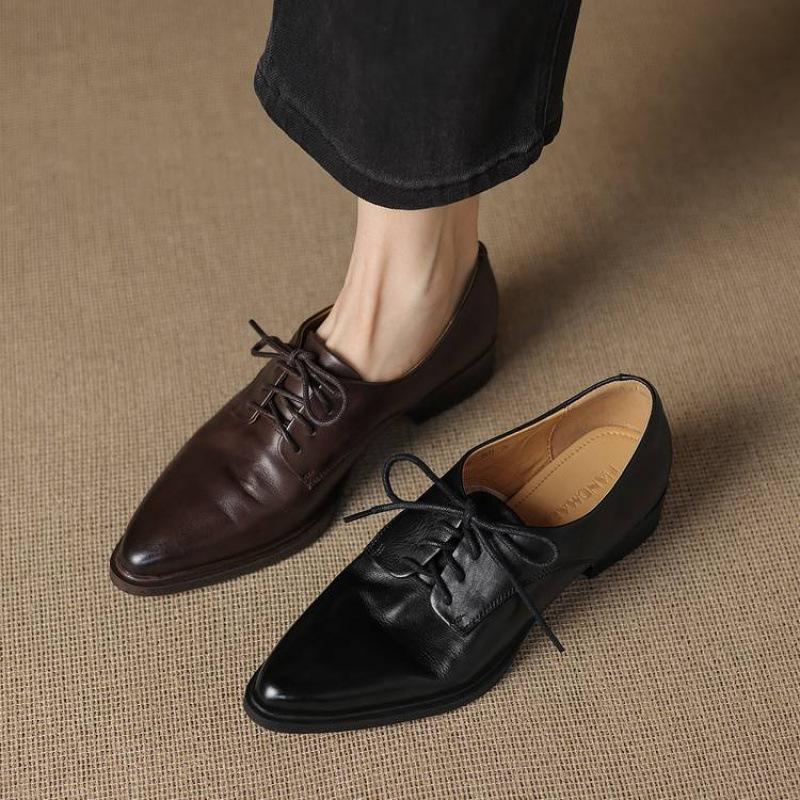 New Women's Leather Shoes Comfortable Fashion Shoes Rubber Soft Sole Pointed Four Seasons Wear Cowhide Lace-up Small Leather Shoes