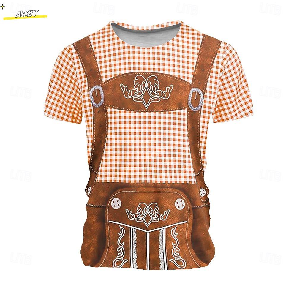 Men's 3D Printed T-shirt, Round Neck Short Sleeved Shirt, Carnival Party, Beer Festival, Checkered Clothing for Summer and Spring