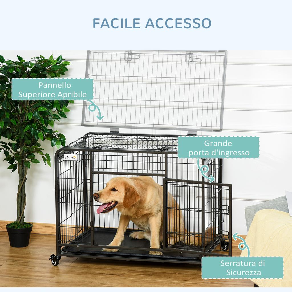 Folding Dog Kennel with Double Door and Lock, 4 Wheels with Brakes and Removable Bottom, 94x58x69.5 cm, Grey