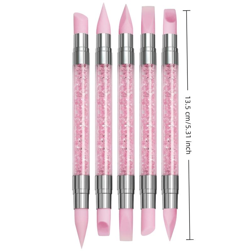 5Pcs/Set Pink Dual Ended Sculpture Pen Manicure Brush Rhinestone Nail Art Silicone Pen 3D Flower Carving Dotting Nail Tool