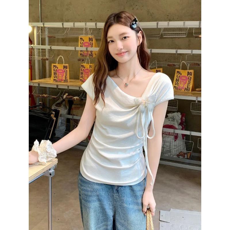 Swing Collar Slanted Shoulder Three-dimensional Bow Short-sleeved T-shirt Women's Summer Irregular Top