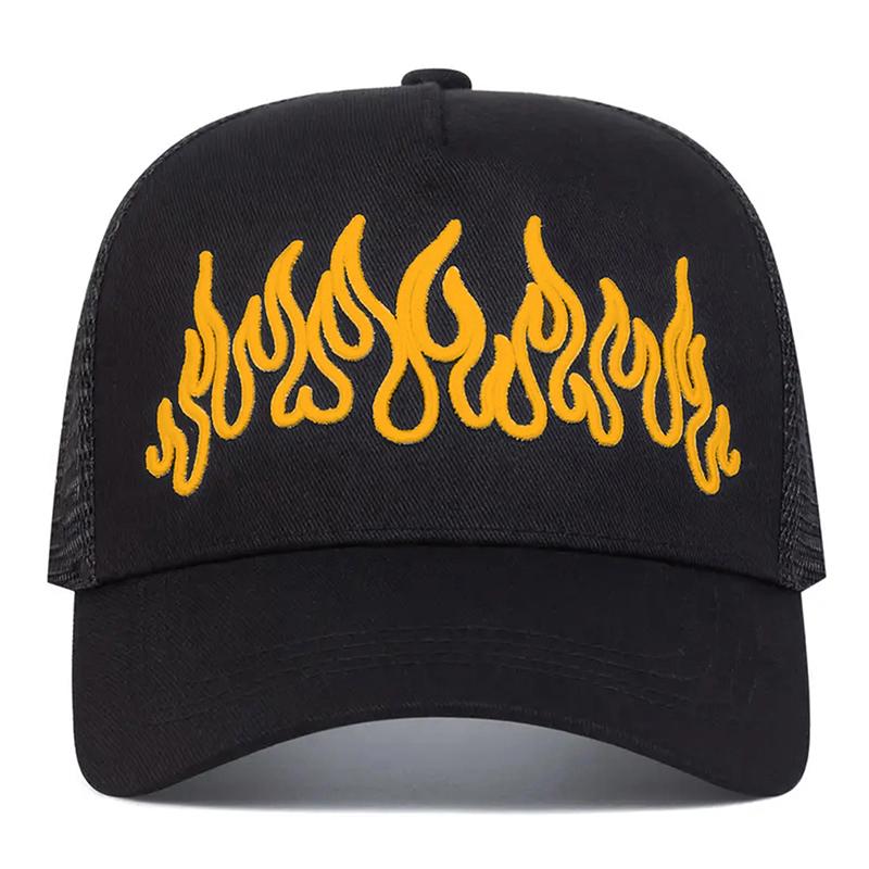 Neue modische Baseballkappe mit Flammenstickerei Hip Hop Skateboarding-Kappe Outdoor tägliche Freizeit Sonnenschutzkappe Unisex Netzmütze