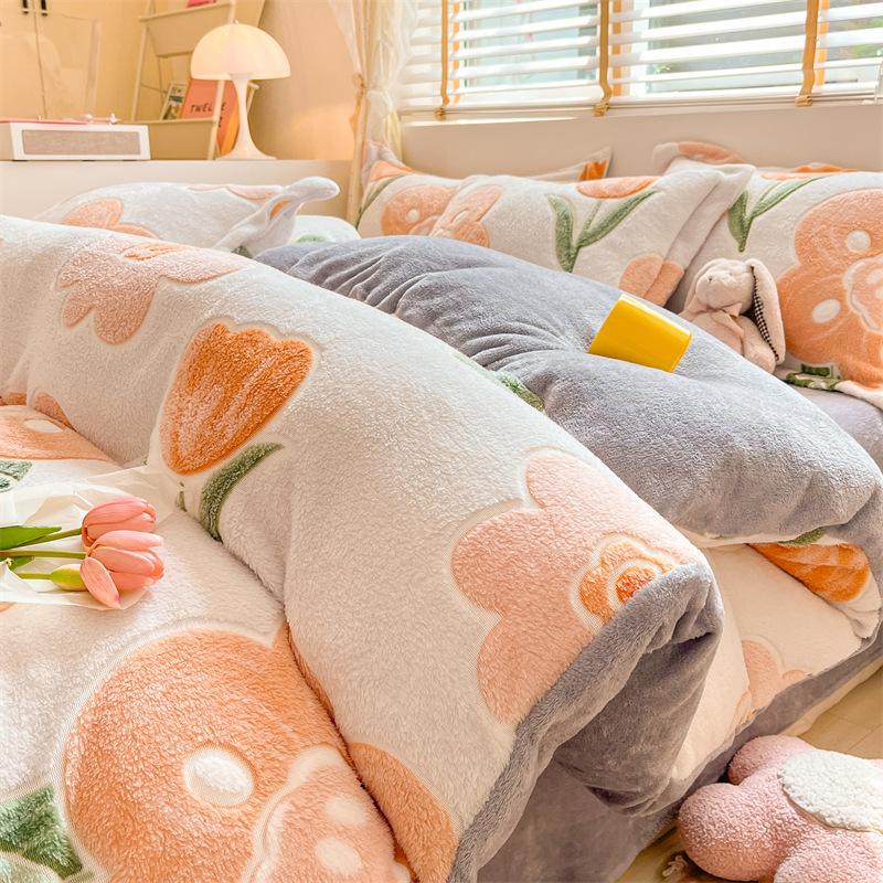 Cartoon Coral Fleece Four-Piece Set, Thickened Milk Fleece Sheet Quilt Cover, Snowflake Fleece Bed Three-Piece Quilt Cover