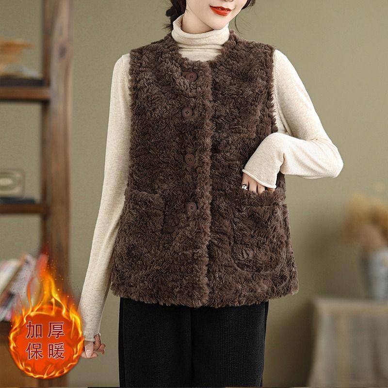 

Литературный и художественный однотонный жилет из овечьей шерсти, куртка, осень и зима, большой размер, женская одежда, круглый вырез, без рукавов, омолаживающий, теплый жилет M recommends 80-52.5kg