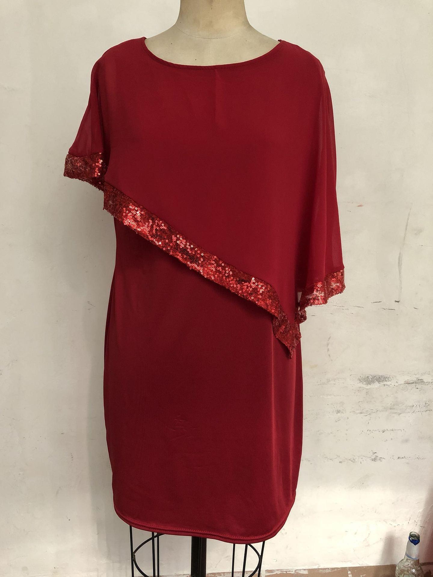 Plus Size Women Irregular Sequins Patchwork Chiffon Dress S