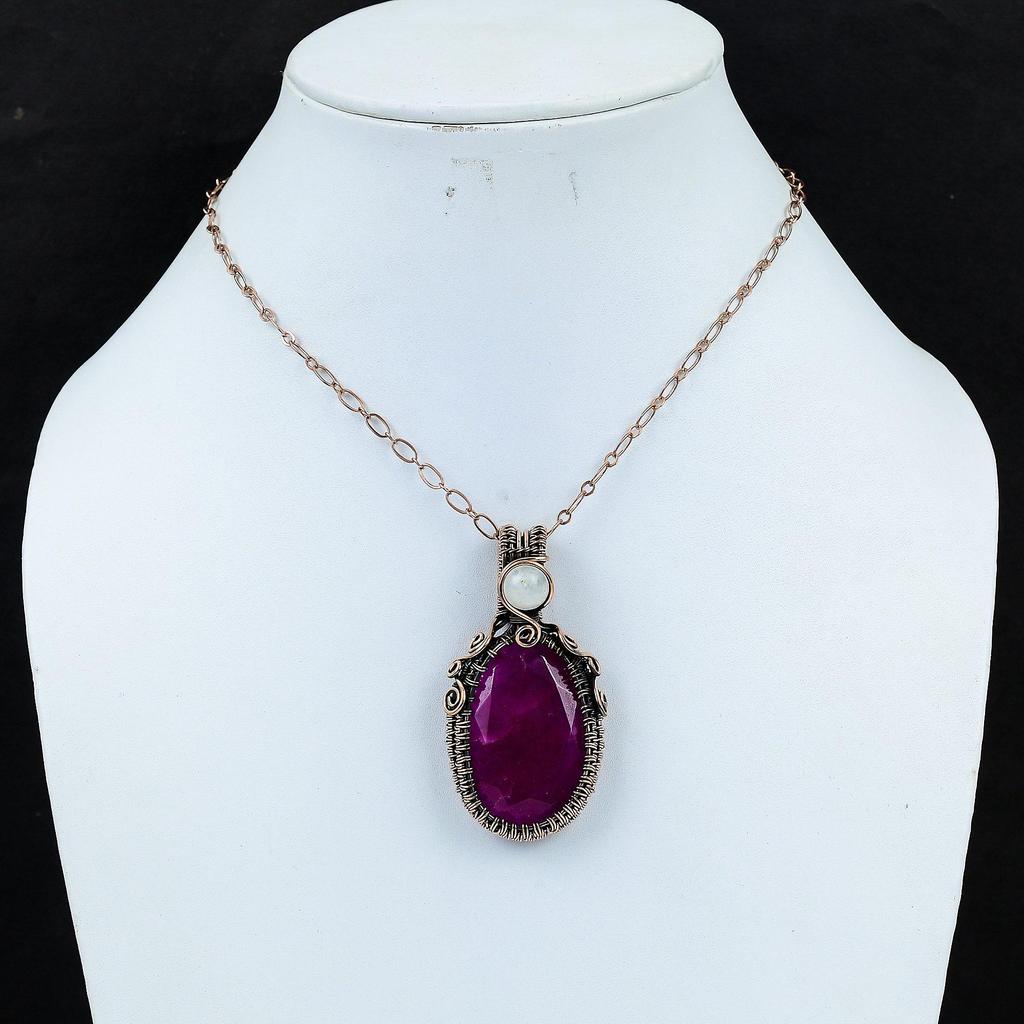 Ruby Lab-Created & Moonstone Gemstone Handmade Copper Wire Wrap Jewelry Pendant For Women