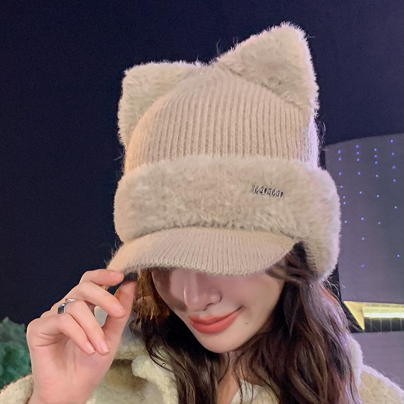 Versatile Hat for Women with Big Head Circumference To Show The Face Kitten Ear Wool Hat Plus Velvet Ear Protection Warm Knit Hat