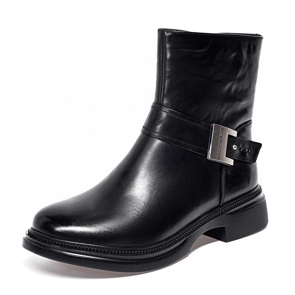 Martin Boots Women's Boots Autumn and Winter Round Head Belt Buckle Medium Boots Cowhide Flat Bottom Leather Boots Women's Cotton Boots