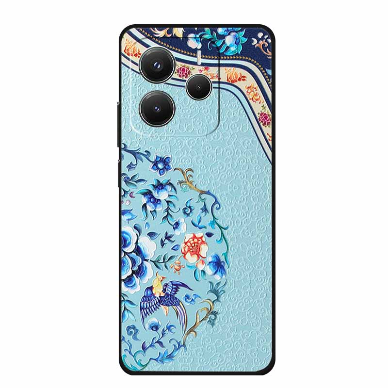 3D Emboss Case For Xiaomi Redmi Note 14 Phone Case Flowers Black Silicone Soft Back Cover Coque For Redmi Note 14 5G Global Case