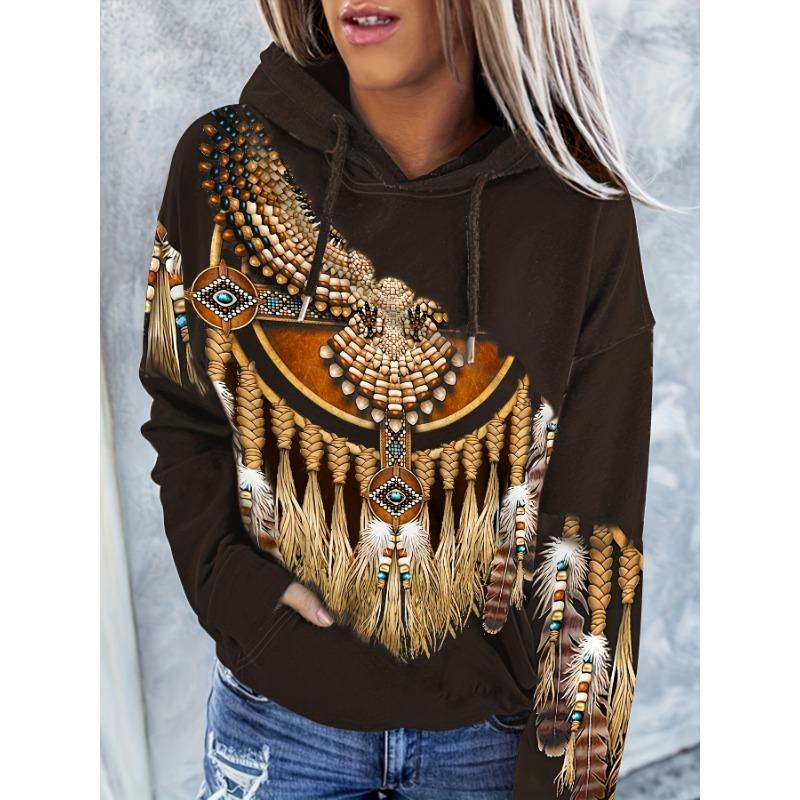 Vintage-Inspired Western Print Sweatshirt - Soft, Casual, Drawstring hoodie with Pocket for Women Long Sleeve Pullover Design