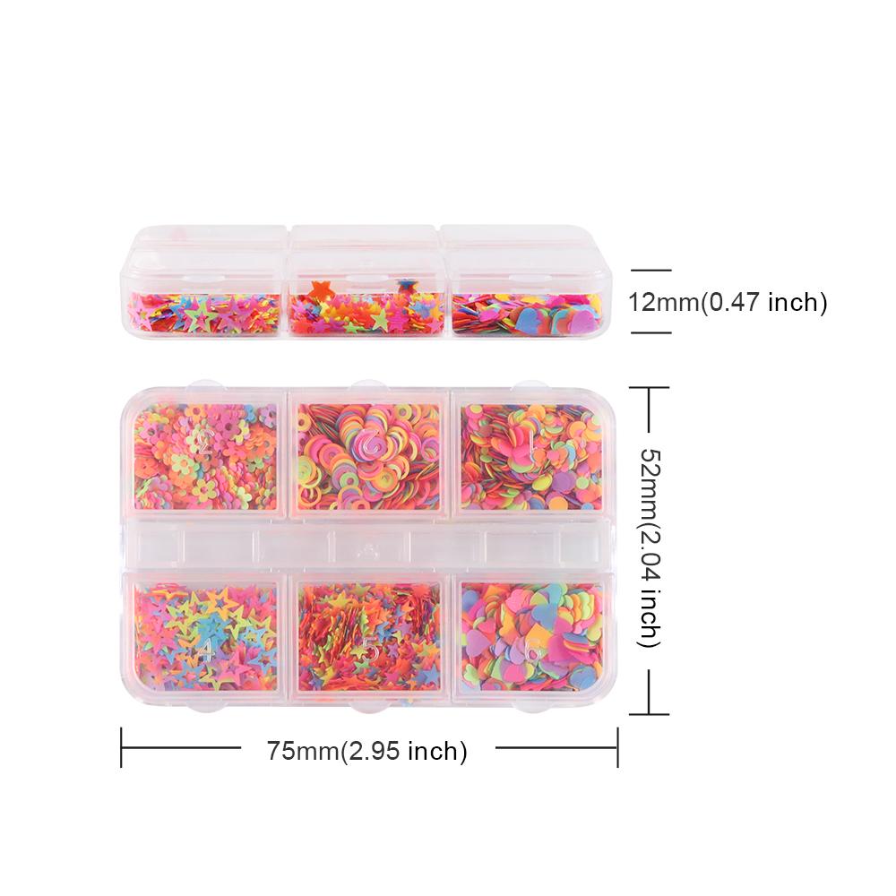 6 Grids Mixed Fluorescent Nail Sequins, Colourful Flower Star Shape Sparkling Flake Decoration Accessories, for Summer Nail Parts