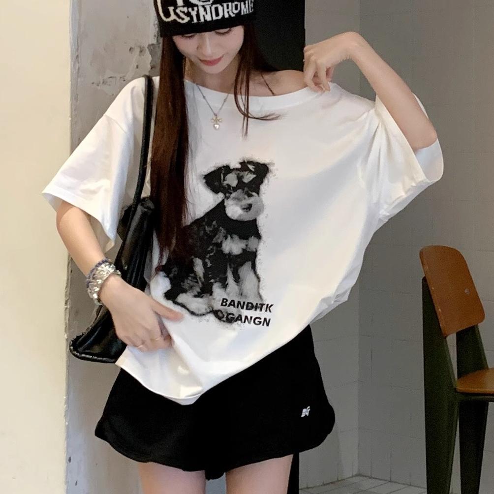harajuku Women T-shirts summer short Sleeve Slanted collar casual loose vintage cartoon print loose t shirt Ladies white y2k Tops Clothes