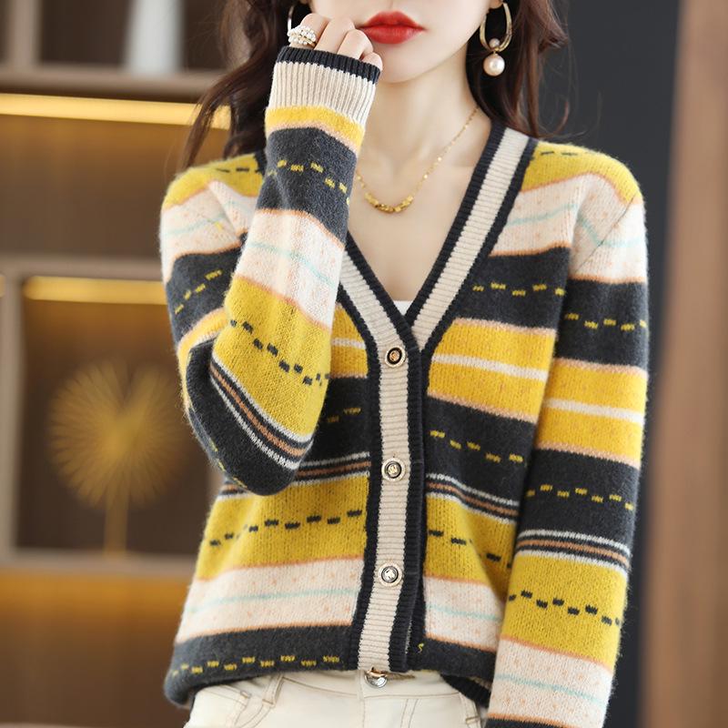 Autumn 2023 Women's V-Neck Color Block Striped Knit Cardigan - Versatile Fashion for Casual Wear