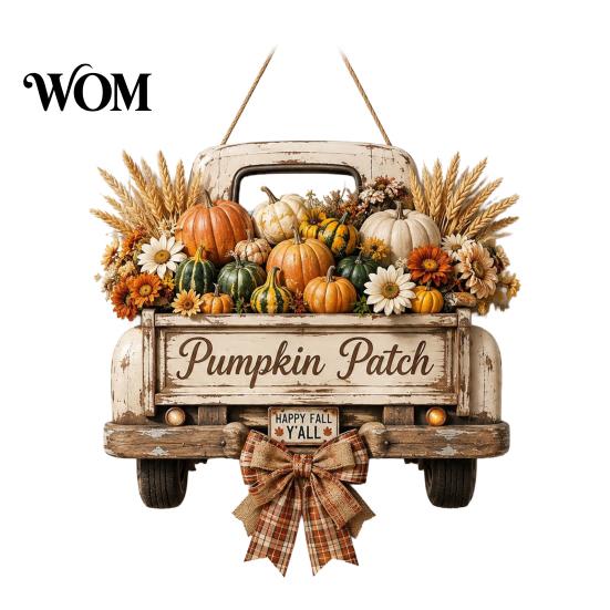 Retro Pickup Truck Decor for Home Harvest Pumpkin Hanging Sign Front Door, Wooden Fall Door with Decorative Holiday Wall Plaque Hemp Rope, Distressed