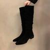 Fashion Autumn Winter Pleated Woman Knee-High Boots Fashion Pointed Toe Long Booties Street Style Square Heels Shoes