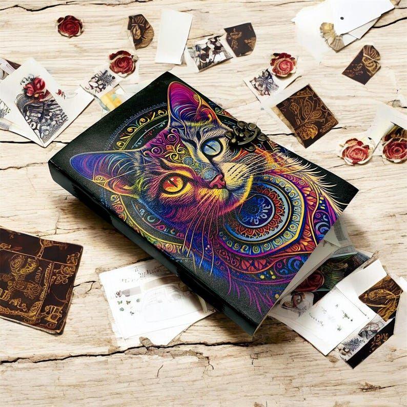 Colorful Cat Leather Notebook – Handcrafted Vintage Leather Diary