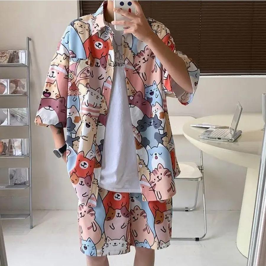Summer Hawaiian Shirt Suit Loose Square Collar Short Sleeve Pocket Floral Shirts Shorts 2 Piece Set Vintage Hawaiian Beach Suits
