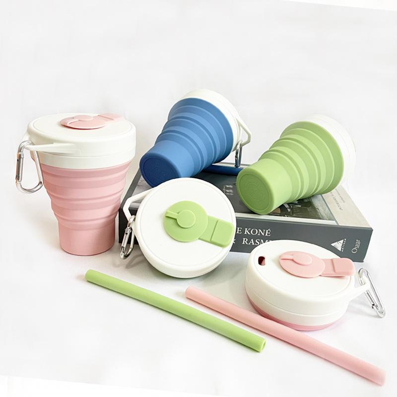 Silicone Coffee Cup Folding Bottle Pocket Cup Foldable Lightweight to Carry Retractable Water Bottle Belt Straw 450ml Latest