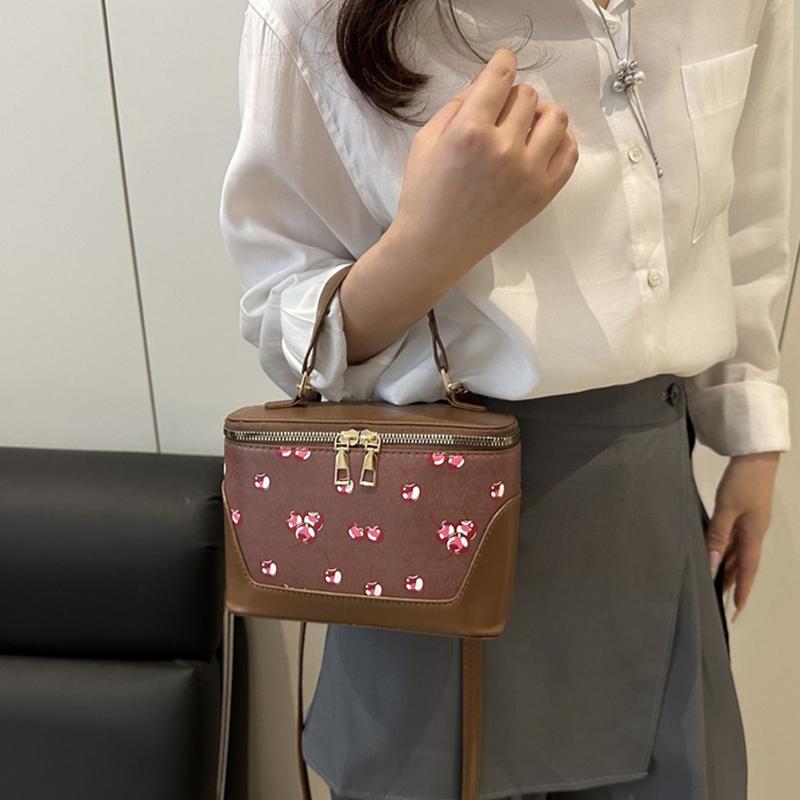 Chic Small Square PU Bag with Cherry Design Women's Trendy Crossbody Bag Sophisticate Commuter Handbag