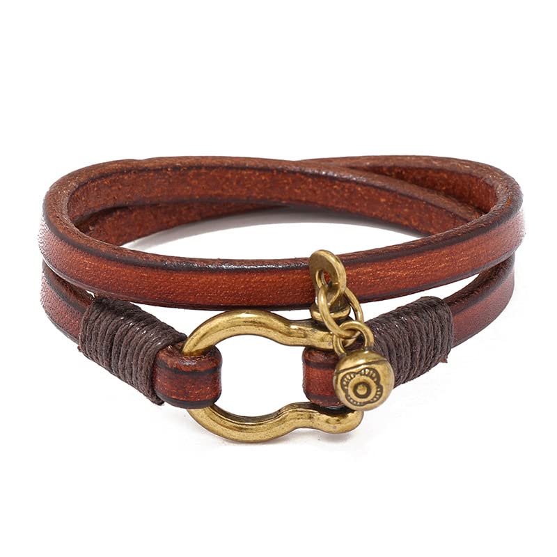 Rockyu Leather Horseshoe Vintage Wrist Birthday Gift Men's Bracelet, Double-Row, Simple, Buckle, Style, Handmade, Stylish, Gift, Accessory, (Brown)