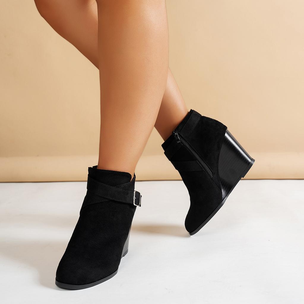 Fashion Aphixta Black Wedge Heel Modern Boots Suede Side Zip Ankle Boots Women Winter Boot Buckle Shoes Botas Mujer Botines Big Size 43