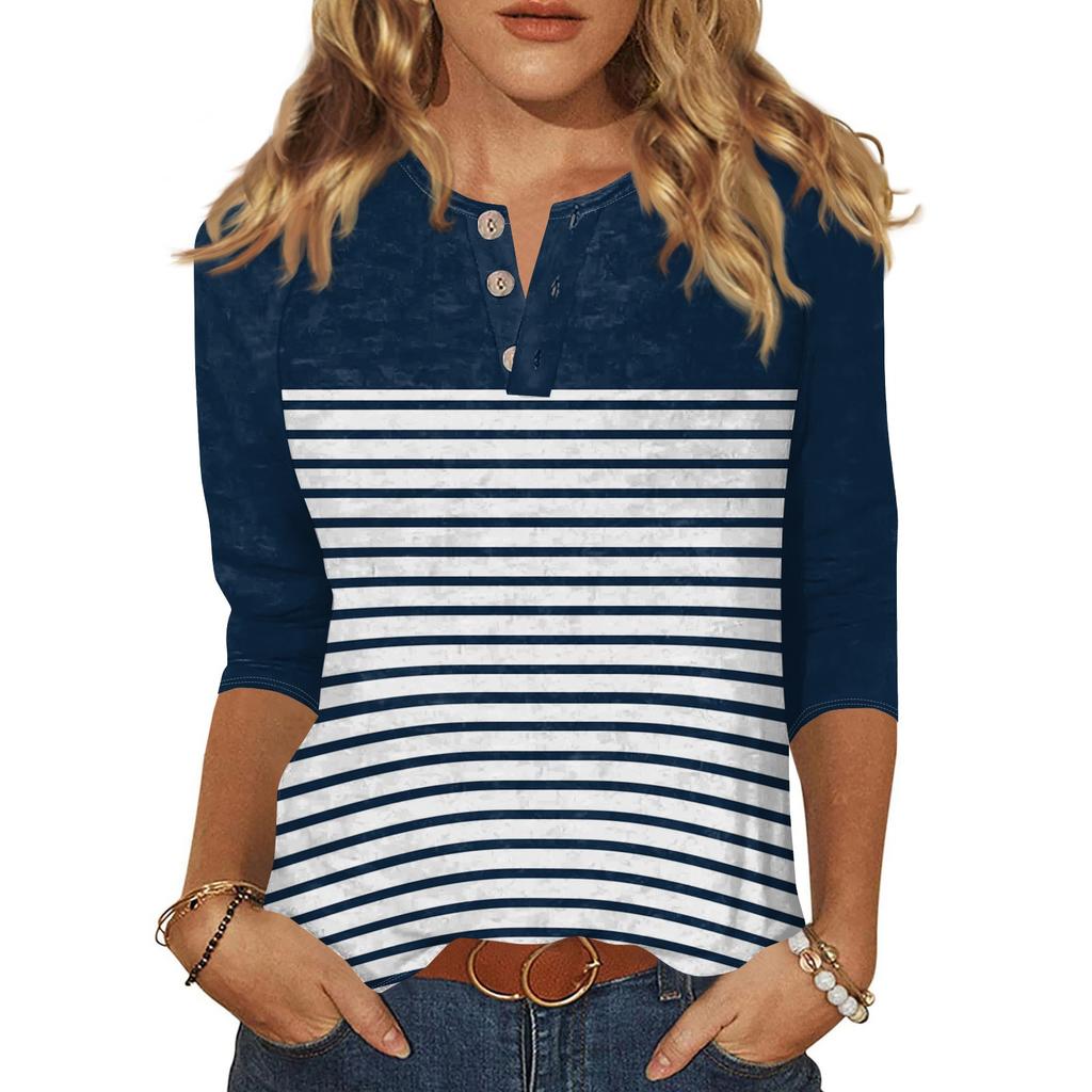 T-shirt imprimé boutonné à manches 3/4 pour femme - Haut basique à col en V - Mode quotidienne - Week-end