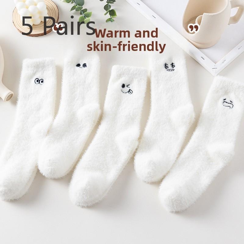 

5 пар женских зимних бархатных и толстых теплых белых пушистых носков-труб для сна 5 Pairs