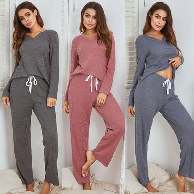 Frühlings- und Herbst-Damenpyjama Hausbekleidungsset Waffel Langärmelig und Hose Herbst- und Winter-Hausbekleidung Pyjama-Set