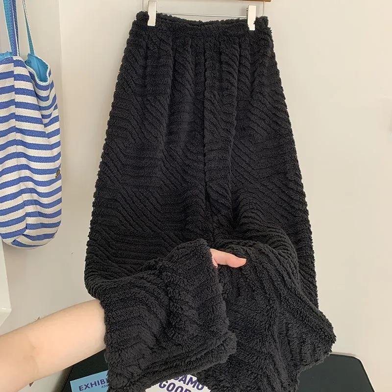 Pants for Women Plus Size Thickened Stretchy Elastic High Waist Long Trousers Solid Colour Fleece Casual Wide Leg Pants