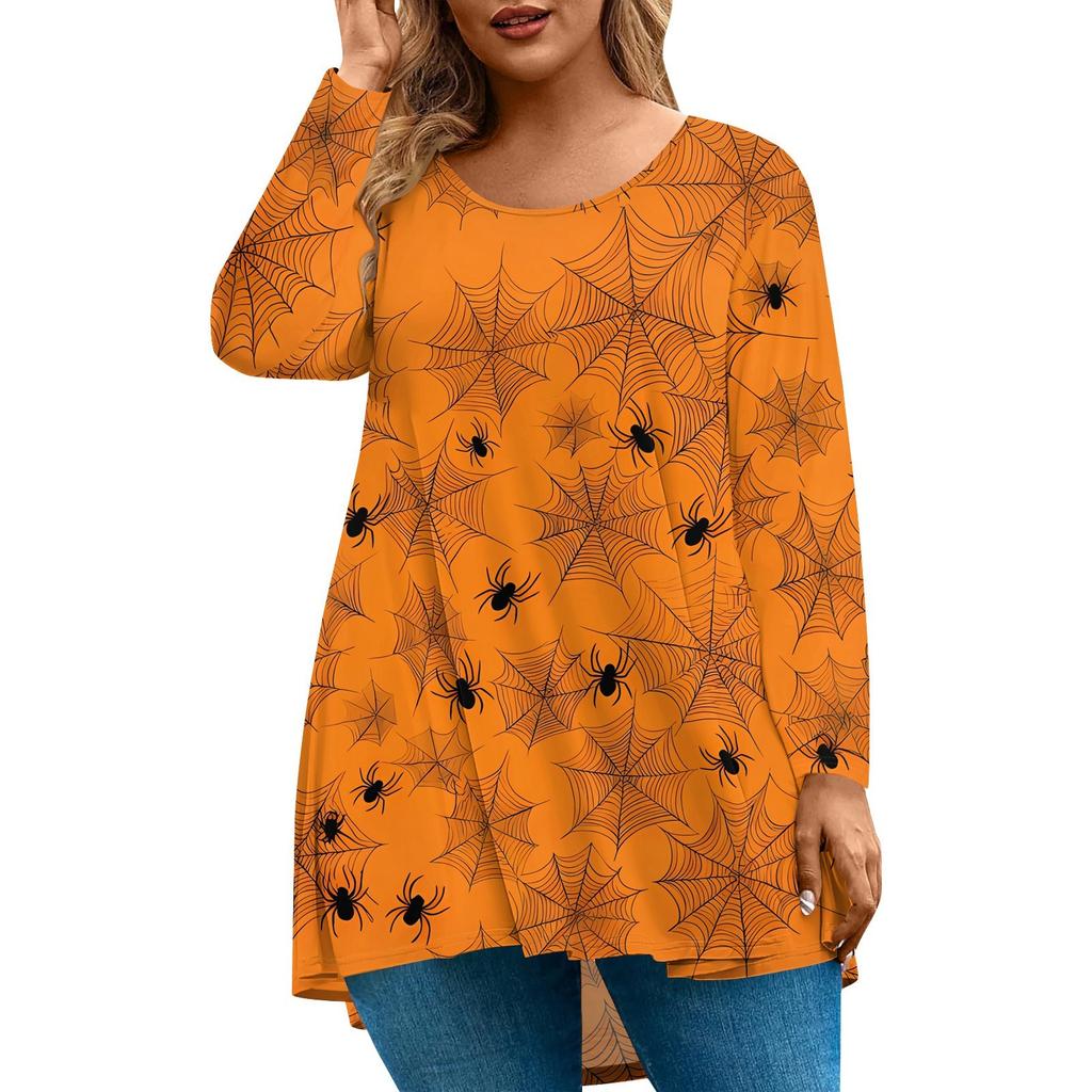 Women's Fashion Large Size Round Neck Long Sleeve Casual Halloween Print Loose Pullover Top