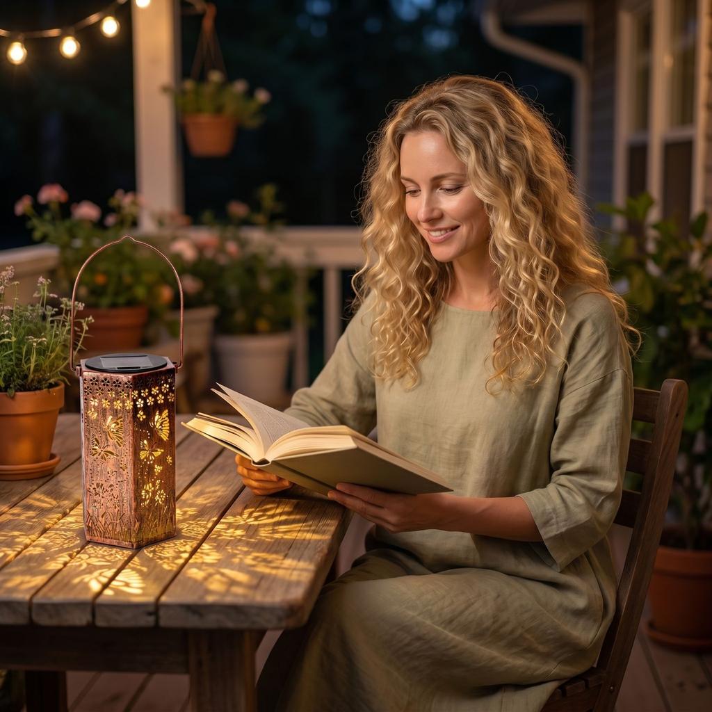 Solar Powered Outdoor Garden Lantern with Decorative Cutout Metal Frame Hanging Handle for Patio Yard Pathway Lighting