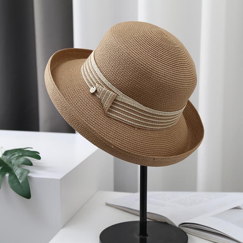 Sun Hat Women's Summer Crimped Straw Hat British Retro Black Sunscreen Hat Travel Foldable Sun Hat Tide