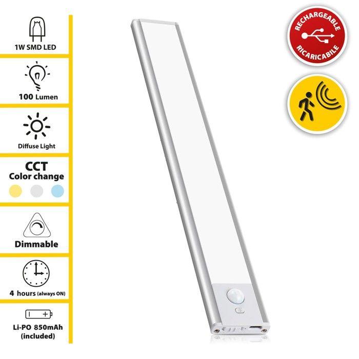 Lampe LED rechargeable - LACTEA - 20 cm - 100 lumens - Détecteur de mouvement - Argent