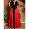 Plus Size V Neck Color Block Waist Cinched Midi Casual Dress For Women
