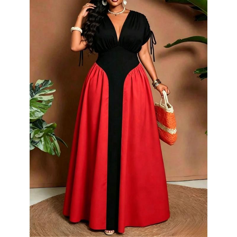 Plus Size V Neck Color Block Waist Cinched Midi Casual Dress For Women