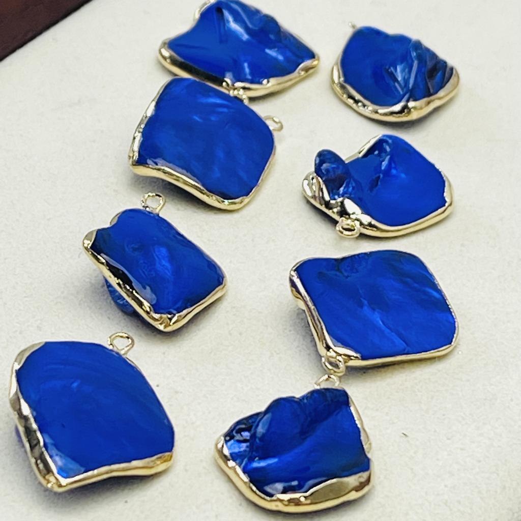 10Pcs, Natural Stained Dark Blue Shells Mother of Pearl Zinc Alloy Golden Edge Pendant Charms for Jewelry Making DIY Necklace Accessories Crafts