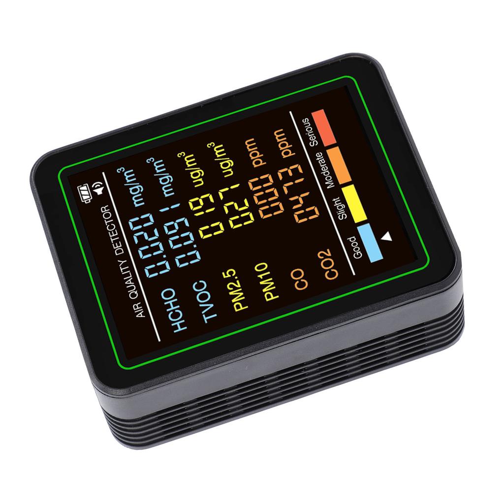 6 in 1 Air Quality Monitor with CO CO2 TVOC HCHO PM2.5 PM10 Detection Infrared Sensor LCD Color Screen Portable Home