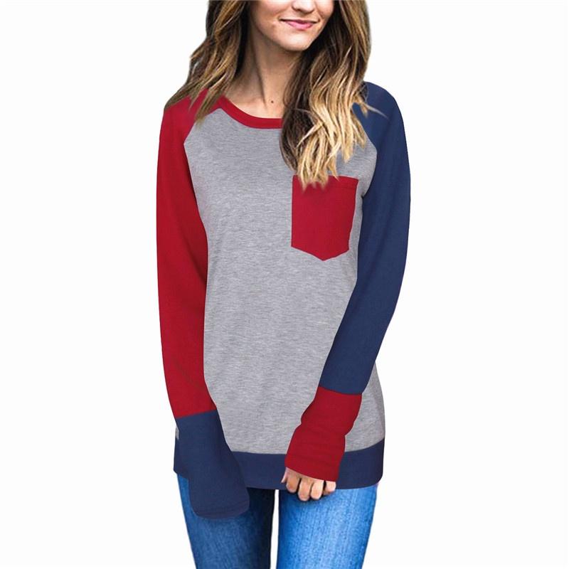 Stylish Casual Womens Long Sleeve Pocket Tshirt With Stitched Color Details