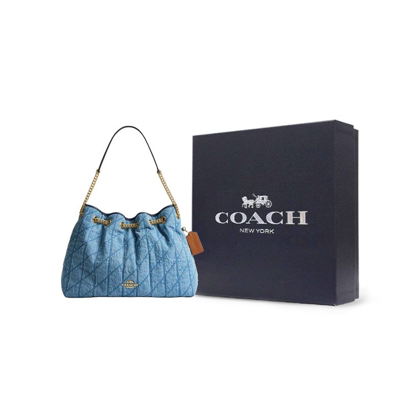 Coach Kette 35 Rautenmuster Kette Schultertasche Denim Groß Damen Schultertasche Blau CDC02-IMTYV