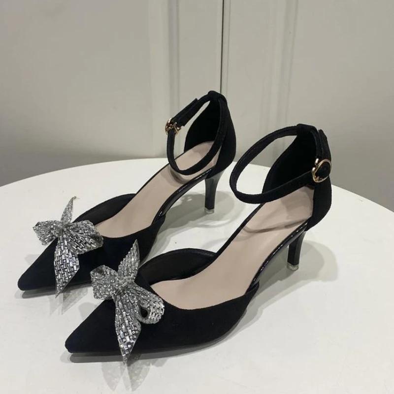 

Туфли бантик Стразы Женские туфли-лодочки Высокие каблуки 7 см Шпилька Женская обувь пряжка Летние женские сандалии Роскошная обувь для вечеринок 42 чёрный