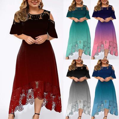 Fashion Womens Lace Stitching Ruffle Short-Sleeved Strapless Sheath Dress