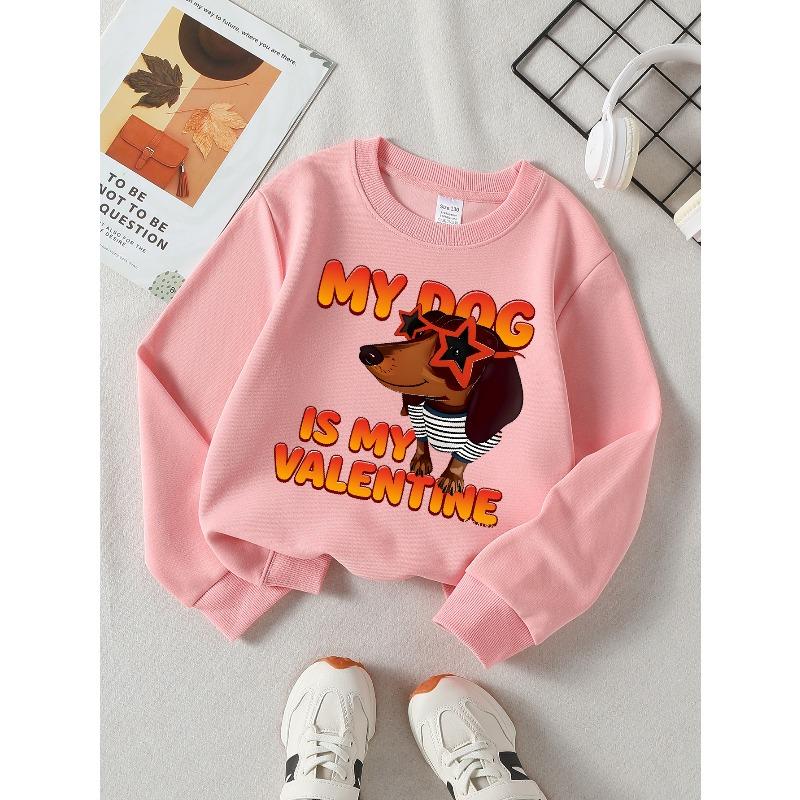 Apparel for Girls, My Canine Companion Is My Valentine(3)_1, Girls', Relaxed Long Sleeve Top for Spring/Fall, Adorable Sweatshirts, Fun Graphic Design
