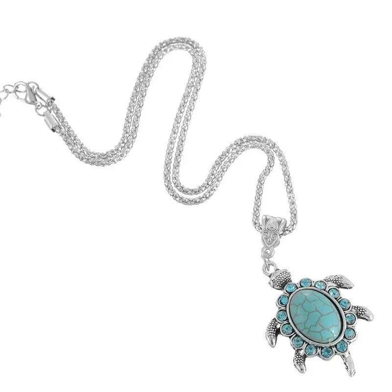 Creative Fashionable Diamond Encrusted Turtle Turquoise Necklace Cute Blue Turtle Sweater Chain Women s Jewelry Necklace Pendant